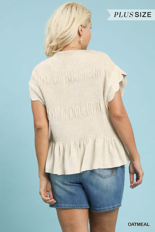 The Coastal Ease Smocked Peplum Top – Oatmeal