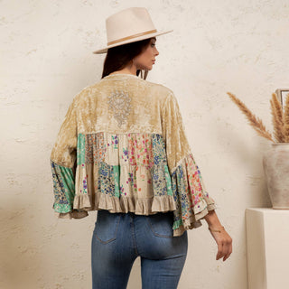 Young Threads Vintage Floral Patchwork Cropped Shrug | Boho Ruffle Sleeve Layering Jacket