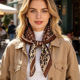 Café au Lait bandana scarf in Espresso Martini brown with leopard and star print, styled with a camel jacket