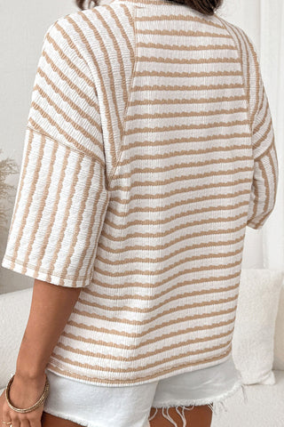 Luke & Estelle Textured Stripe Top – Taupe & White Relaxed Knit Split Hem Top