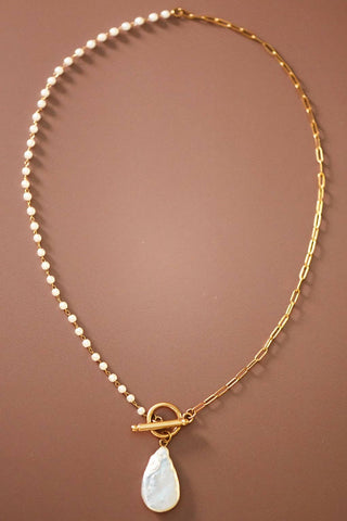 Hey Beautiful 18K Gold Plated Tarnish-Resistant Pearl Toggle Drop Necklace