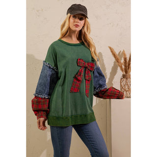 Green plaid bow pullover with denim and plaid patchwork sleeves