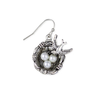 Nesting Bird & Pearl Vintage Silver Drop Earrings