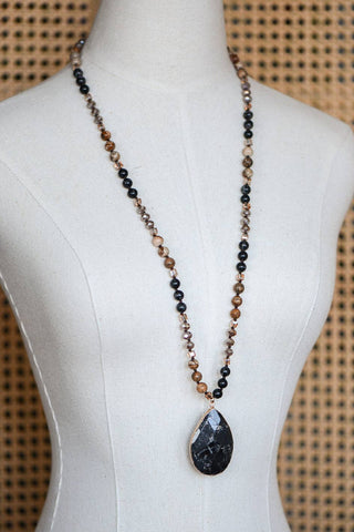 Hey Beautiful – Natural Stone Beaded Long Necklace with Black Pendant – Boho Statement Layering Necklace