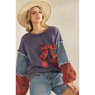 Green plaid bow pullover with denim and plaid patchwork sleeves