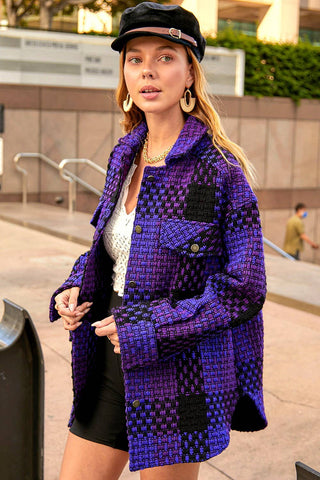 Front view of purple and black check button-front shacket