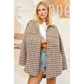 Charleston Check oversized button down shacket in Heritage Brown