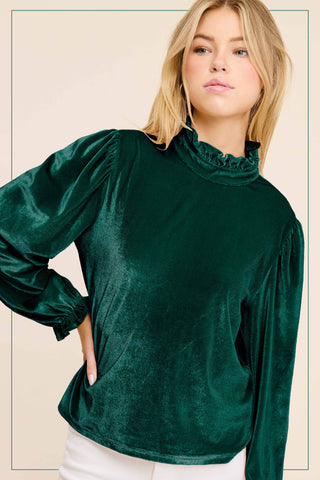 Holiday Magic velvet puff sleeve top in Evergreen green