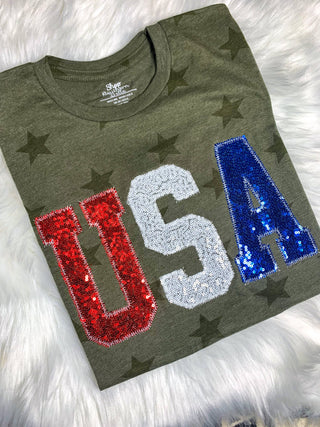 Army Green Star Sequin Appliqué USA Patriotic Graphic