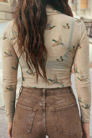 Flying Mallard Duck Mock Neck Mesh Top