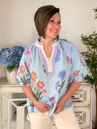 Umgee Floral Scalloped V-Neck Blouse | Seafoam