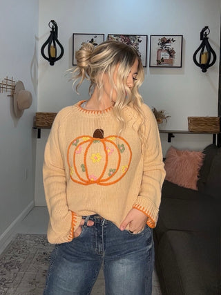 Pumpkin Floral Embroidered Thanksgiving Sweater