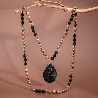 Hey Beautiful – Natural Stone Beaded Long Necklace with Black Pendant – Boho Statement Layering Necklace