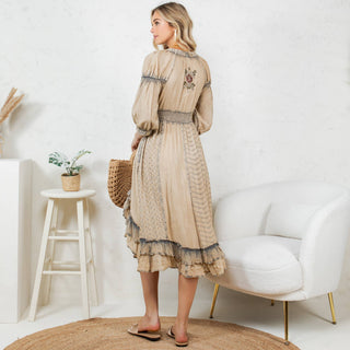 Vintage Soul Embroidered Patchwork High-Low Midi Dress