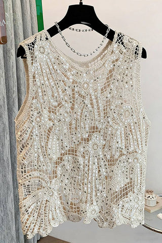 Women's Crochet Embellished Sleeveless Tank Top – Beige