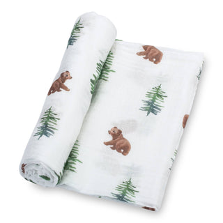 LollyBanks Bear Cub & Evergreen Trees Muslin Swaddle Blanket