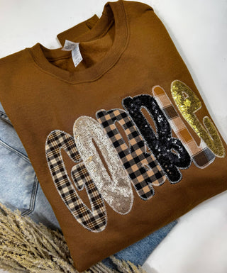 Turkey Trot brown sweatshirt with GOBBLE applique in plaid, buffalo check and sequins