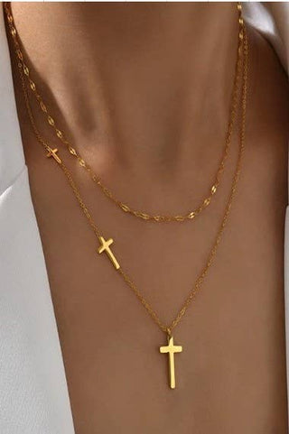 Hey Beautiful – 18K Gold Plated Tarnish-Resistant Cross Layered Necklace – Waterproof Stainless Steel Necklace