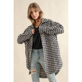 Plaid jacquard oversized button down shacket with chest pockets