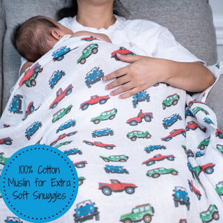 LollyBanks Vroom Vroom Zoom Muslin Swaddle Blanket
