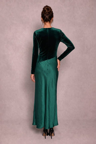 Back view of emerald velvet and satin maxi dress