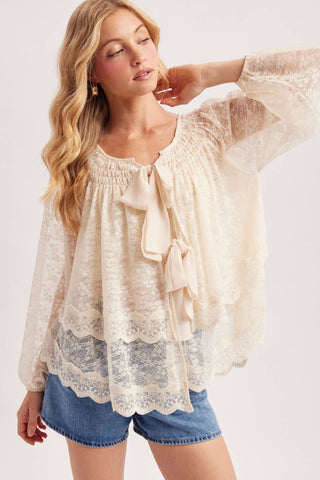Bluivy | Layered Lace Tie-Front 2-Way Blouse | Cream