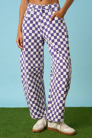 Purple Checkered Game Day Barrel Pants – Team Spirit Statement Style