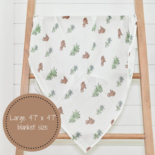 LollyBanks Bear Cub & Evergreen Trees Muslin Swaddle Blanket