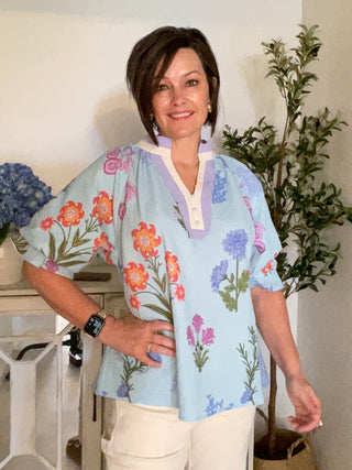 Umgee Floral Scalloped V-Neck Blouse | Seafoam
