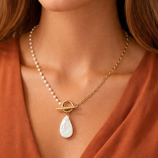 Hey Beautiful 18K Gold Plated Tarnish-Resistant Pearl Toggle Drop Necklace