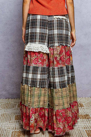 Rosewood Plaid patchwork ruffle wide leg pants