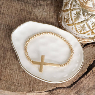 Hey Beautiful Worn Gold Cross Beaded Stretch Bracelet