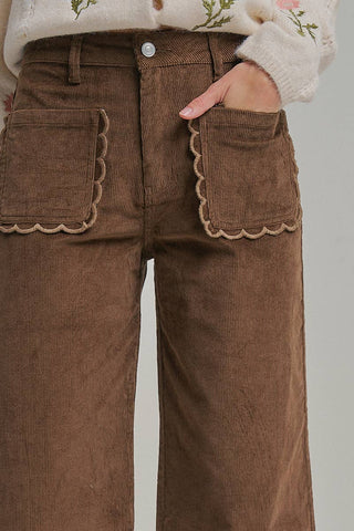 Sunday Brunch stretch corduroy wide leg pants in Milk Chocolate with scalloped patch pockets