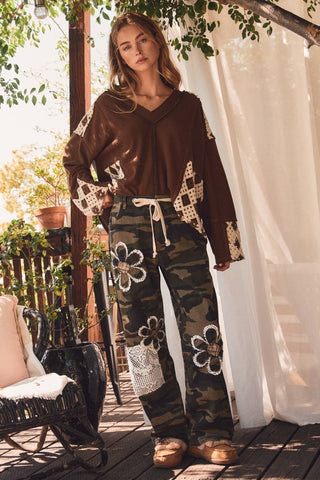 Bonfire Night washed camo drawstring pants with floral and lace patchwork appliques