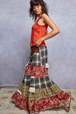 Rosewood Plaid patchwork ruffle wide leg pants