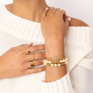Hey Beautifl Pearl & Gold Cluster Disc Beads Stretch Bracelet – Waterproof & Tarnish-Free