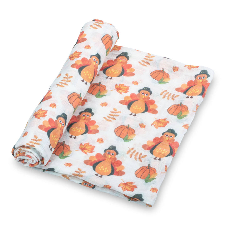 Little Gobbler Turkey Fall Holiday Baby Muslin Blanket