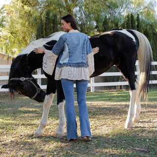 Open Front Denim & Lace Kimono – Western Boho Layering Top