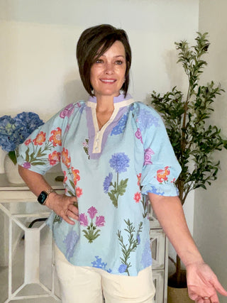 Umgee Floral Scalloped V-Neck Blouse | Seafoam
