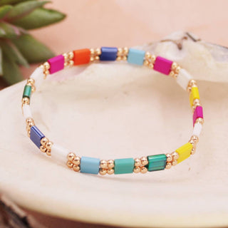 Sidewalk Chalk rainbow tile bead stretch bracelet with gold accents