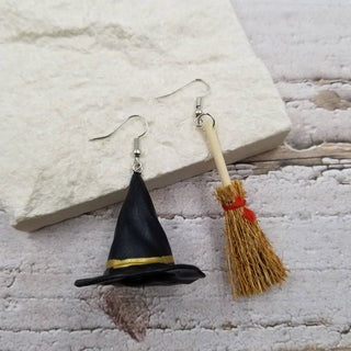 Halloween Witch Hat & Broom Mismatched Earrings