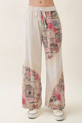 Faded Romance Collage Print Wide-Leg Pants – Cream (Pants Only)