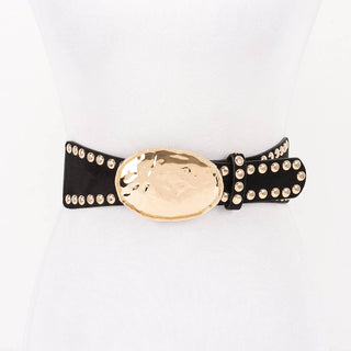 Studded faux suede stretch waist belt with hammered gold-tone buckle