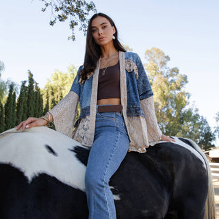 Open Front Denim & Lace Kimono – Western Boho Layering Top