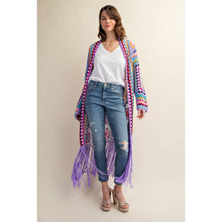 Colorful crochet granny square fringe cardigan duster styled with jeans