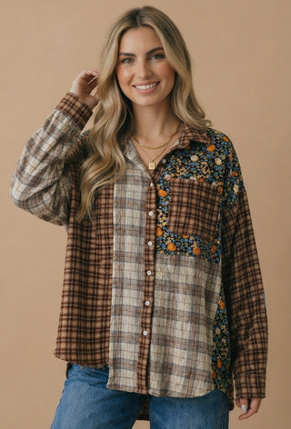 Plaid and floral patchwork shirt with chest pocket styled with jeans
