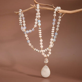 Hey Beautiful – White Stone Beaded Long Necklace with Teardrop Pendant – Boho Layering Statement Necklace