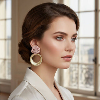 PinktownUSA - Drop Pale Pink Rose Felt Petal Ribbed Ring Earrings