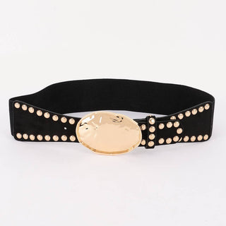 Back view of studded faux suede stretch waist belt