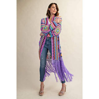 Colorful crochet granny square fringe cardigan duster styled with jeans